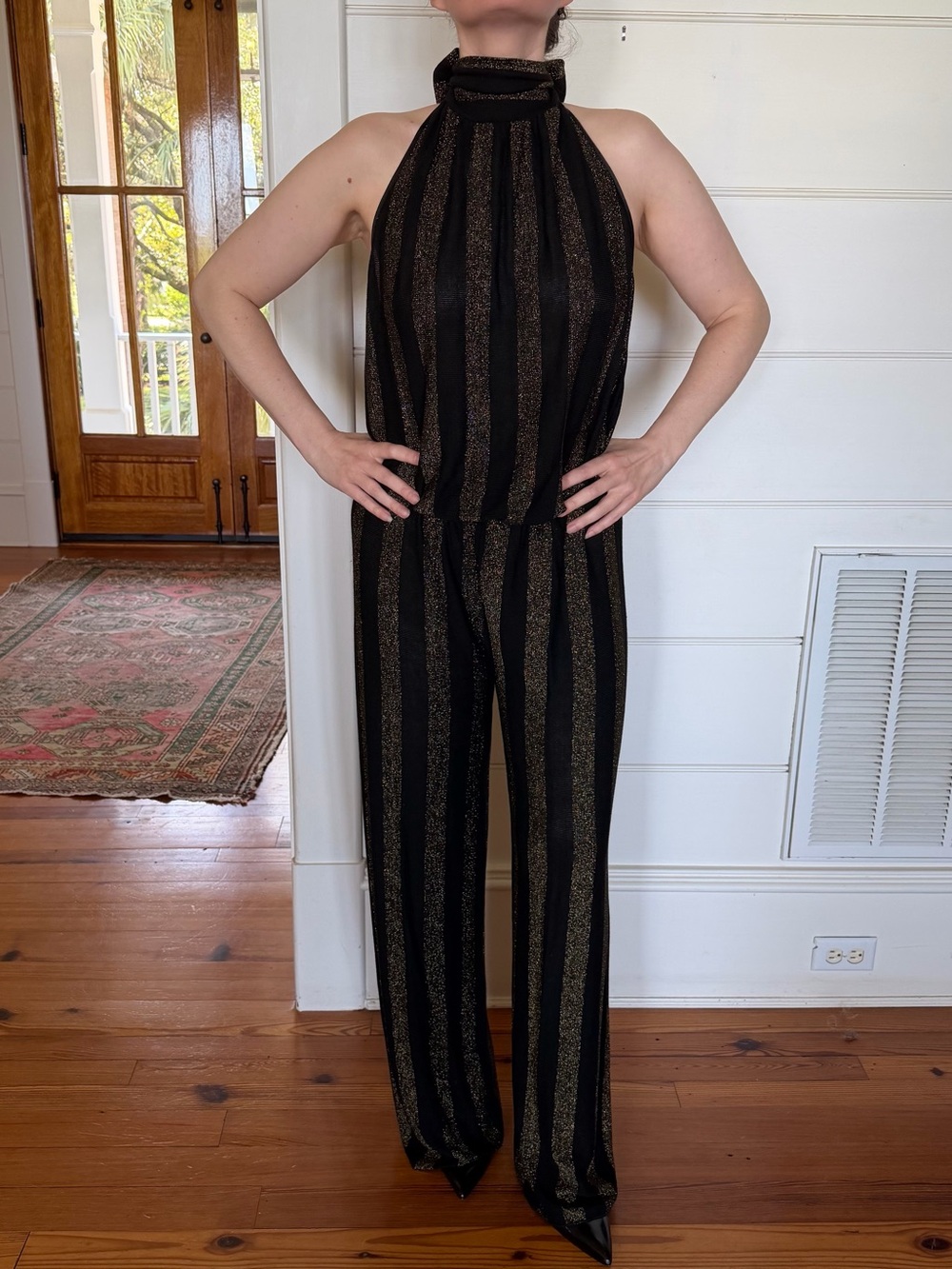 Halter Neck Black Jumpsuit with Metallic Gold Stripes